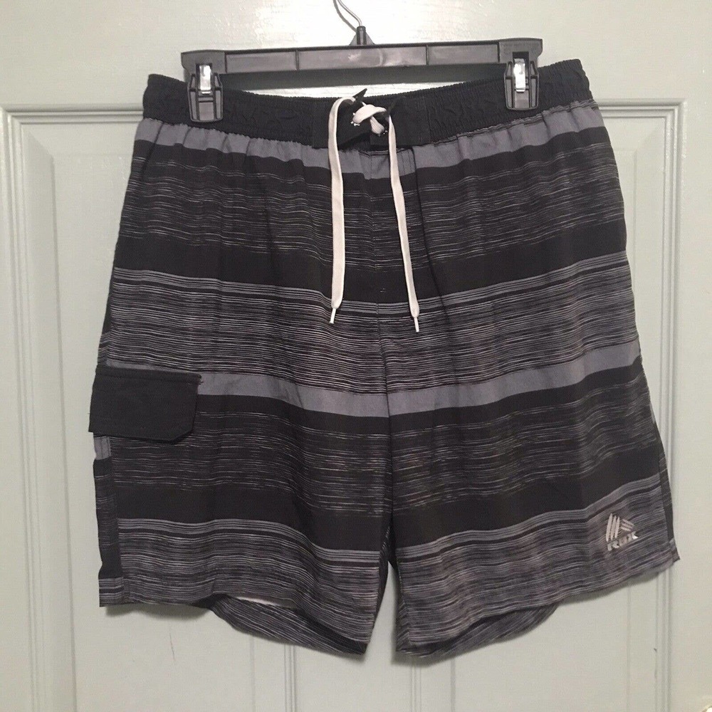 RBX Men's Size Large L Swim Trunks Shorts Mesh Inner Polyester Stripes Gray